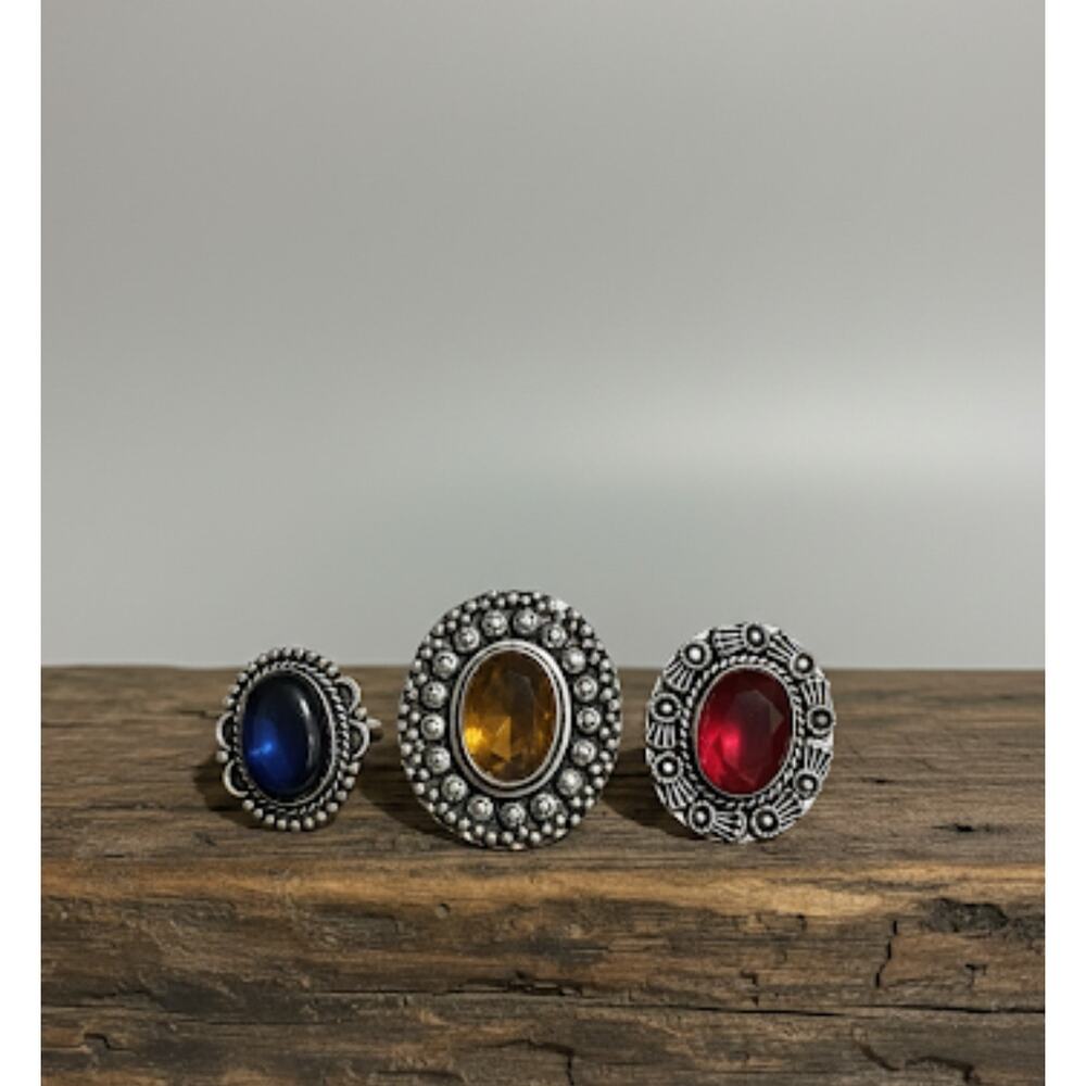 3 Vtg Bohemian German Silver Rings Sz 8 9, Blue Red Amber Simulated Gemstones